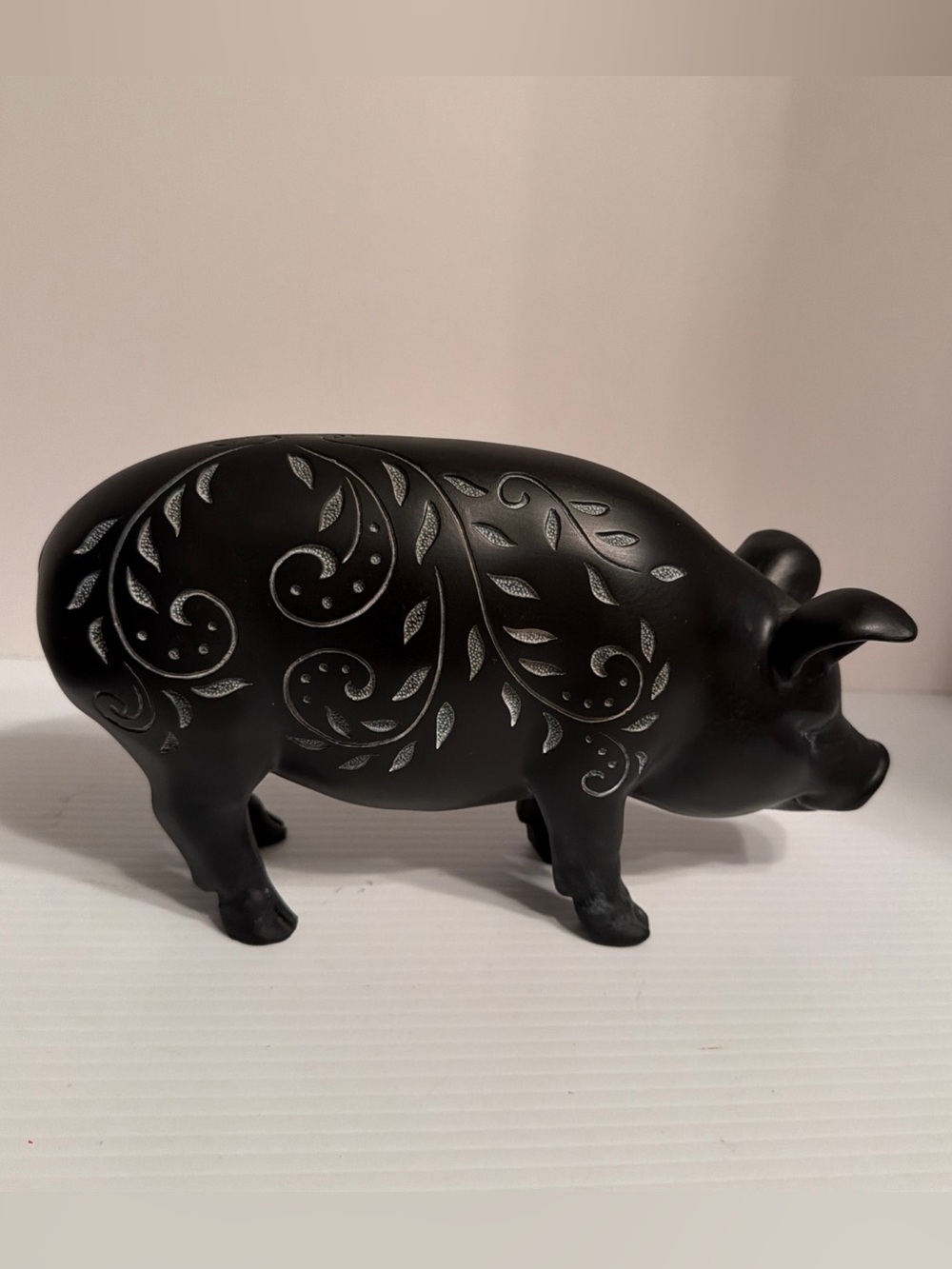 Pig Figurine Satin Black and White Etched Paisley Leaf Farmhouse Decor